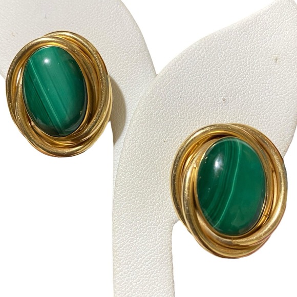 Vintage Peter Brams Design Solid 14K Yellow Gold Malachite Earring 13 Grams